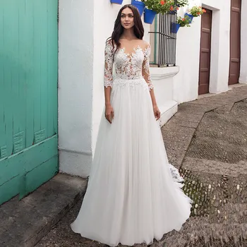 

Quarter Sleeves Tulle A-Line Wedding Dresses Lace Appliques See Through Back Spring Formal Long Bridal Gowns Vestidos De Novia
