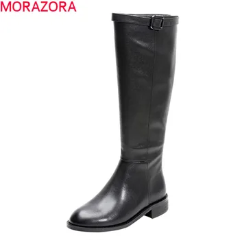 

MORAZORA 2020 new arrive genuine leather knee high women boots low heel fashion round toe solid winter motorcycle long boots
