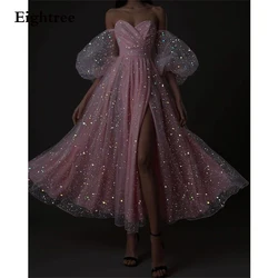Thinyfull Sparkly Sequiens Short Sleeves Evening Dresses Beach A-Line Formal Prom Gowns Tea Length Party Night Vestidos Dress
