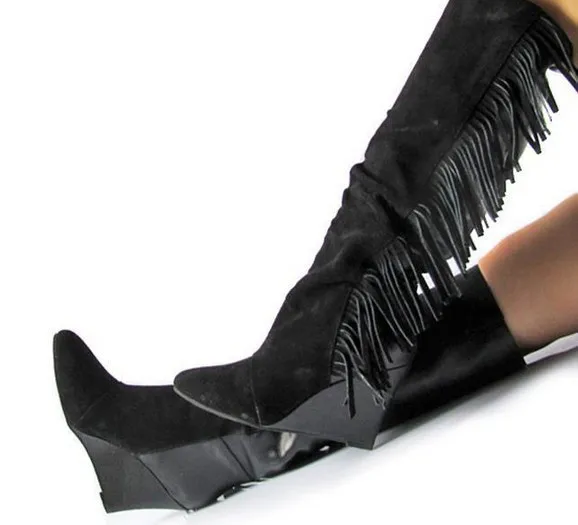 Hot-Selling-Black-White-Suede-Leather-Tassel-Knee-High-Boots-Wedge-Heel-Women-Fringe-Winter-Snow