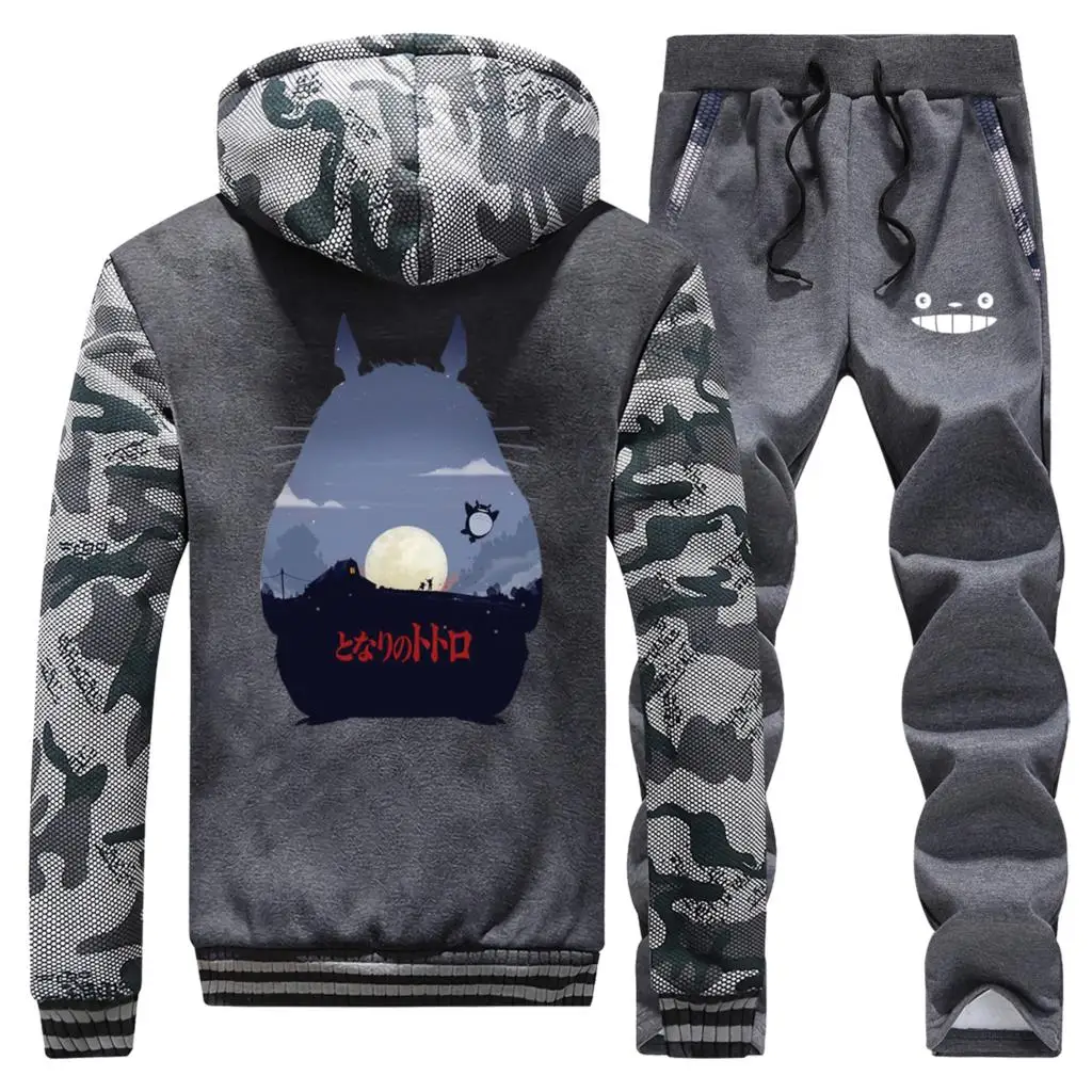 Tonari No Totoro принт аниме спортивный костюм из плотного флиса толстовки мужские s куртка на молнии+ Брюки комплекты из 2 предметов мужские толстовки Зимний теплый костюм