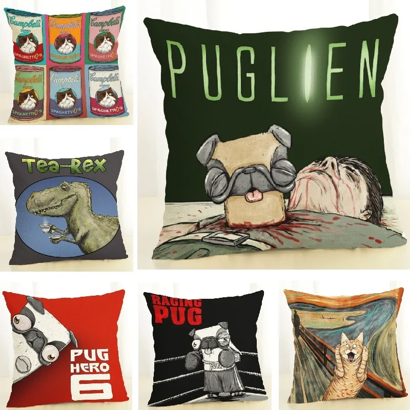 Cushion Cover Pugs Cat Dinosaur Linen Pillow Cover Pug Accessories Decor Throw Pillows Cover Sofa Home Decoration Pillowcase