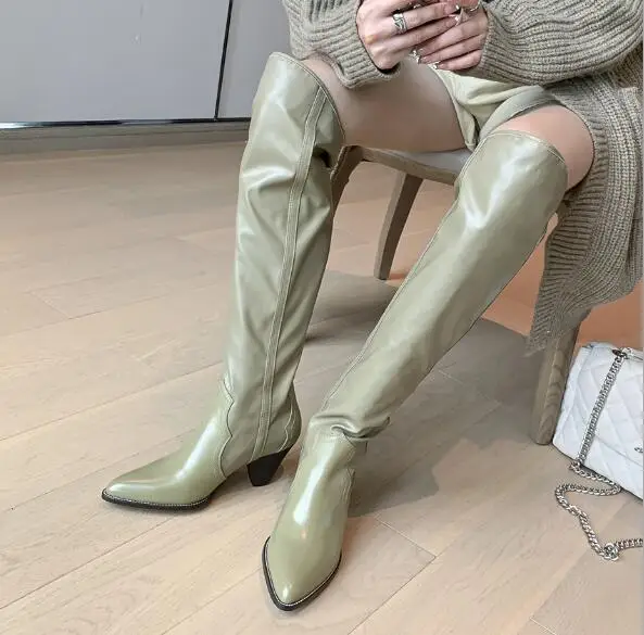 

Avocado Green Black Solid Cow Leather Pointed Toe 75 MM Spike Heels Over The Knee Boots Woman Slip On Tube Thigh Fashion Botas