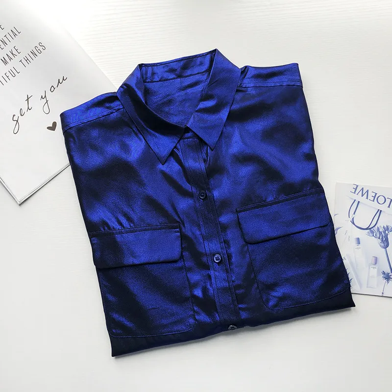 100% Silk Women's Long Sleeve Shirt Blue Turn-down