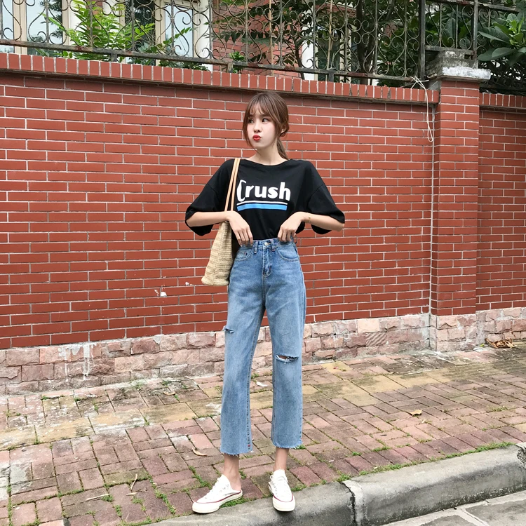 Джинсы женские уличная Ulzzang новые ретро свободные тонкие с высокой талией в Корейском стиле универсальные модные женские s брюки шикарные повседневные