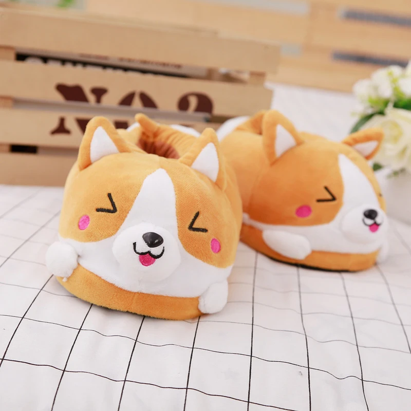 Lovely Corgi Shoes Heeled Cartoon Animals Dog Slippers Plush Indoor Floor Shoes Anti-slip Girls Ladies Friend Gift