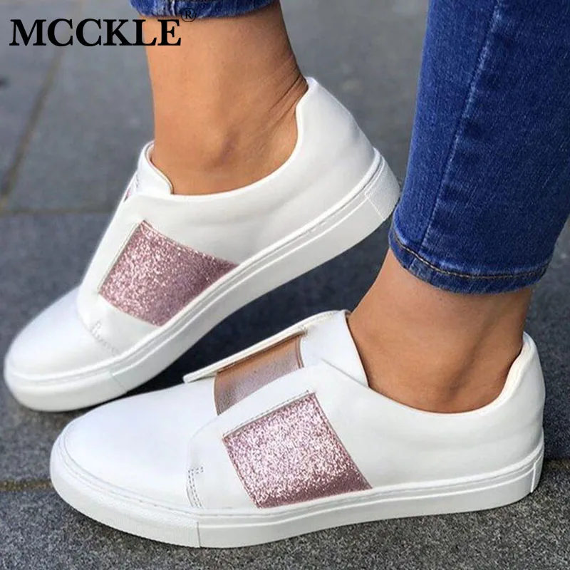 MCCKLE Bling Slip On Shoes Woman Flats Autumn Vulcanized Ladies Platform Comfortable Casual White Shoes Female Fashion Plus Size