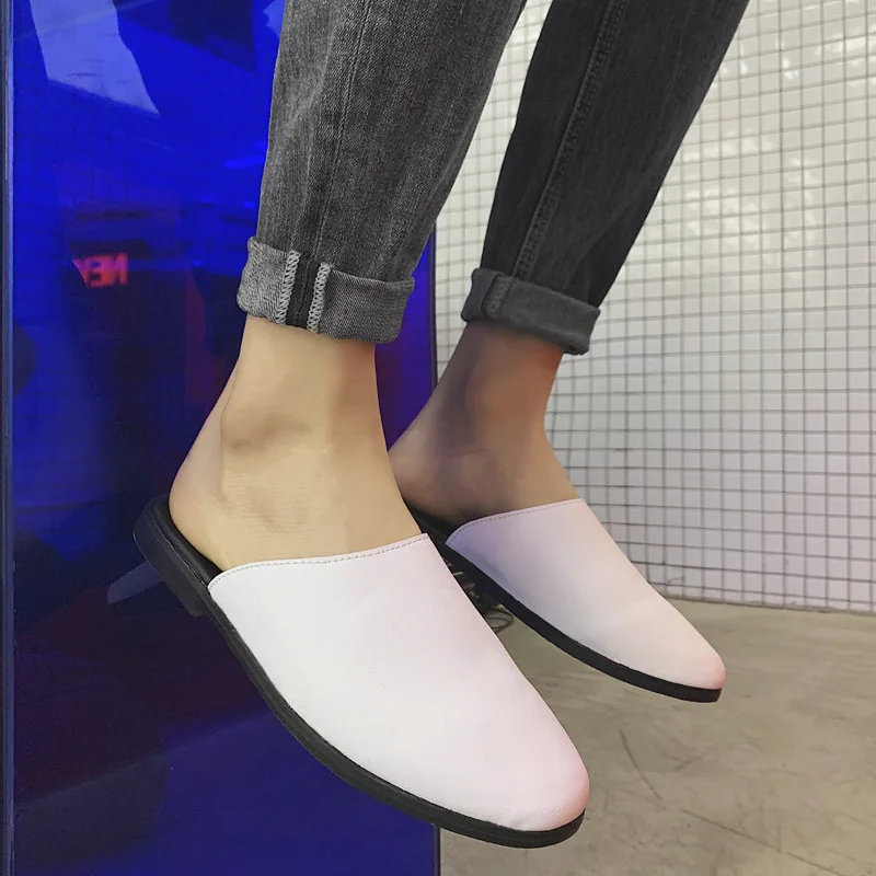 

Online Celebrity ban tuo xie Men Casual No Heel Lazy Slip-on Peas Trendy Shoes Closed-toe Leather Slipper Sandals Hair Stylist