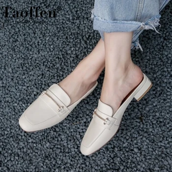 

Taoffen Women Sandals Shoes High-Quality Genuine Leather Slippers Fashion Strap Toe Low Square Heels Shoes Women Size 33-43