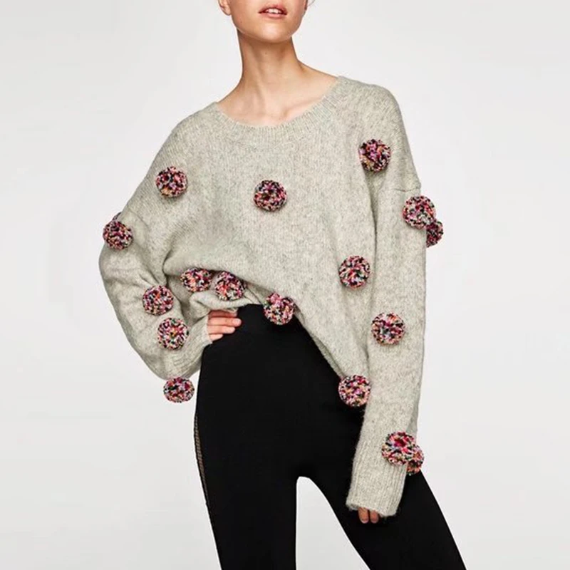 

Patchwork Hair Bulb Pullover Tops Female O Neck Long Sleeve Knitting Sweater Women Casual Fashion Spring New