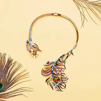 

Best lady 2020 New Boho Crystal Necklace for Women Bridal Wedding Jewelry Multi Color Peacock Pendants Statement Earrings Girts