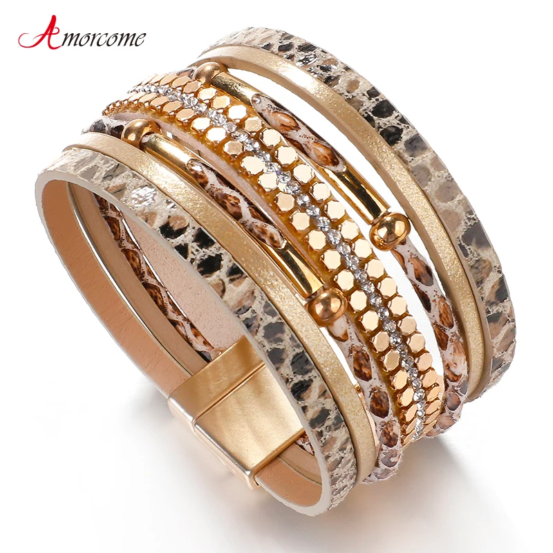 

Amorcome Snakeskin Pattern Leather Bracelets for Women 2019 Trendy Metal Pipe Wide Mulltilayer Wrap bracelet Female Jewelry