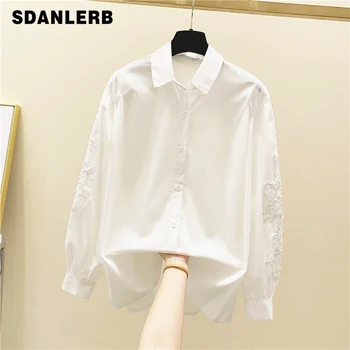 

Korean-Style White Shirt Women 2020 Spring New Three-dimensional Lace Beaded Shirt Women's Loose Lantern Sleeve Blouse Blusa Top