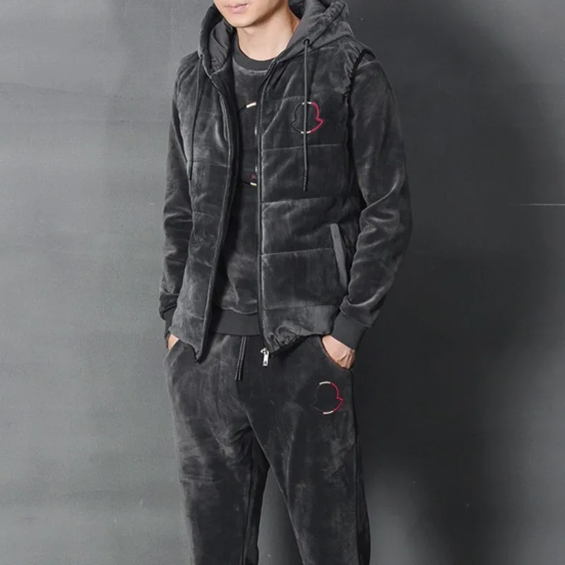 

Fashion Mens Winter Joggers Track Suit Thick Warm 3pcs Suits Vest Coat Conjunto Masculino Plus Size Fleece Track Suit Casual Set