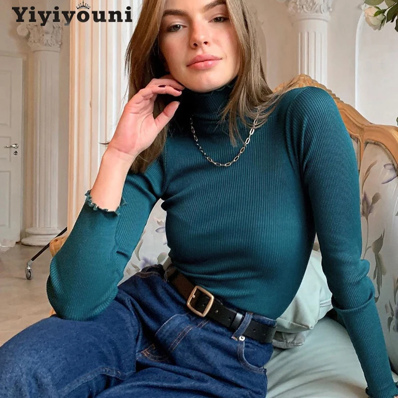 

Yiyiyouni Turtleneck Ruffles Sweater Women Autumn Slim Fit Knitted Bottoming Pullovers Women Solid Long Sleeve Jumpers Female