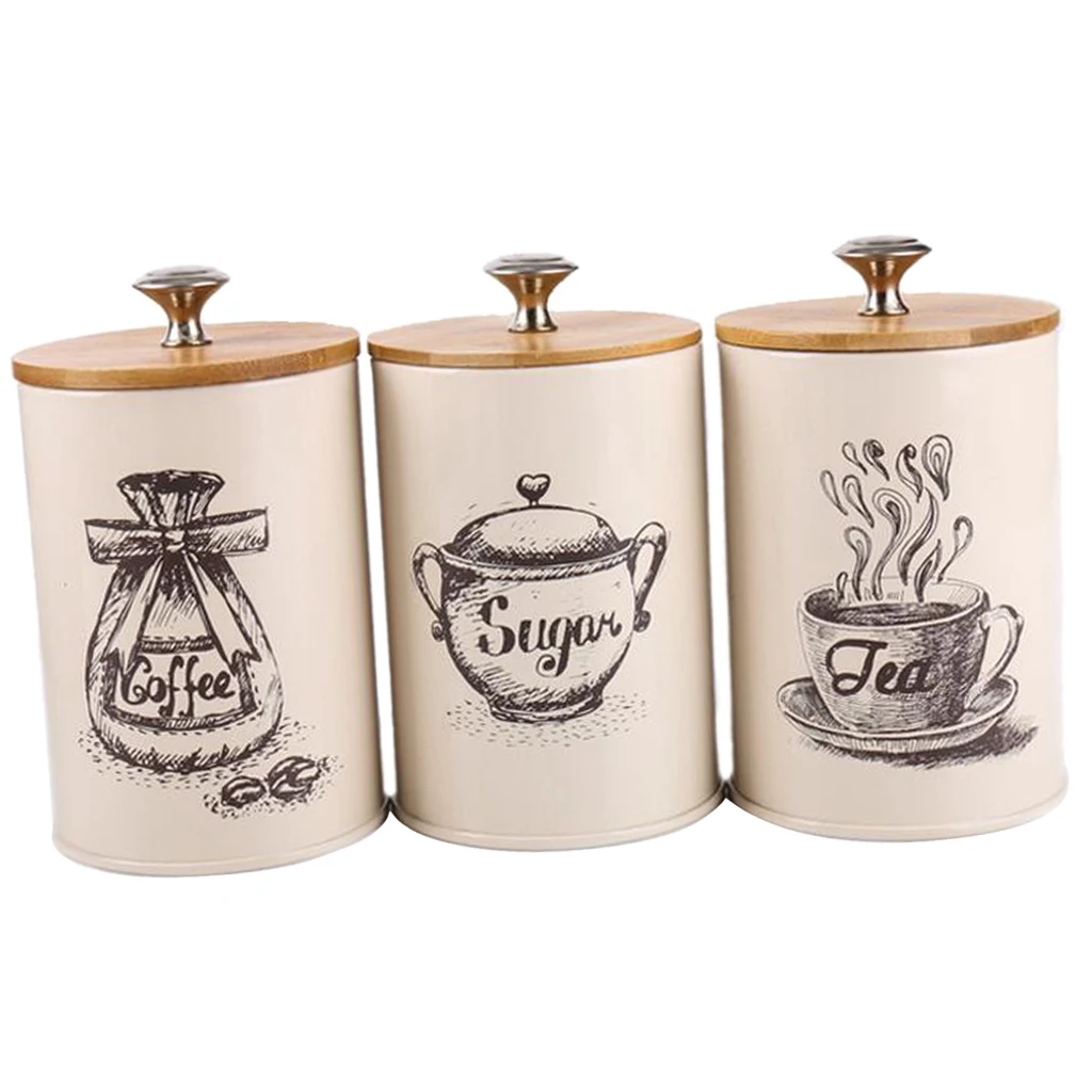 3-pack Retro Tea Coffee Sugar Canister Kitchen Storage Jars Tins w/ Lids