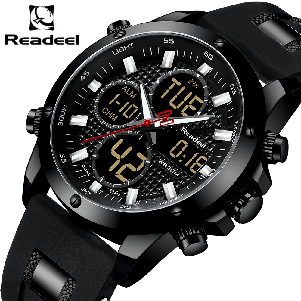 Модные мужские часы Readeel Брендовые спортивные часы для мужчин светодиодный цифровой кварцевый резиновый водонепроницаемый хронограф часы для мужчин Relogio