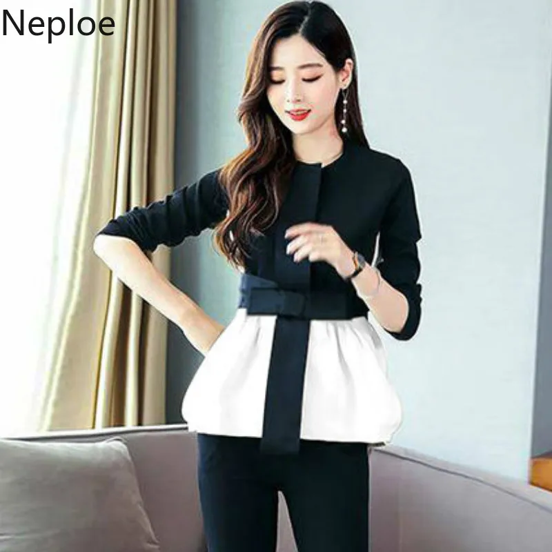 

Neploe O Neck Pullover Ruffles Design Blazer Female Fashion Contrast Color Patchwork Bow Slim Casaco Work Style Ol Coat 81316