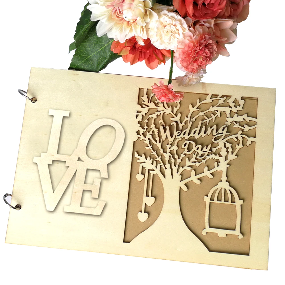 

Beautiful Wedding Guest Book 20 Pages Wooden Wedding Decoration Supplies Portable Hollow Surface Photo Frame Notebook Guest Book