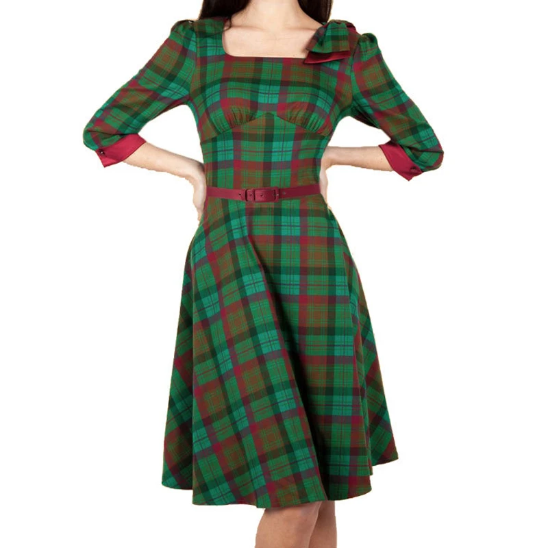Green Plaid 50s 60s Retro Vintage Dress Women Half Sleeve Square Neck Robe Femme Belted Autumn Female Rockabilly Party Dresses Dresses Aliexpress