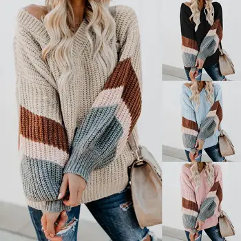 

Autumn Winter Women Causal Color Block Lantern Sleeve V Neck Loose Sweater Top Knitted Fabric Polyester Spandex Women's Sweater