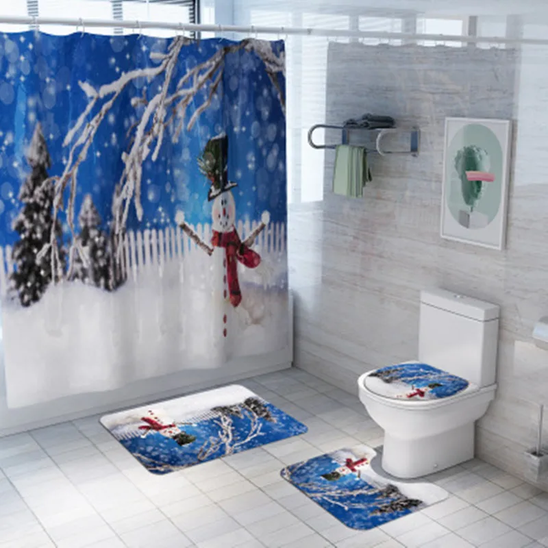 

4Pcs/set Non-slip Bathroom Mat Set Christmas Tree Snowman Print Bath Mat Shower Curtain Floor Mat Washable Bathroom Toilet Rug