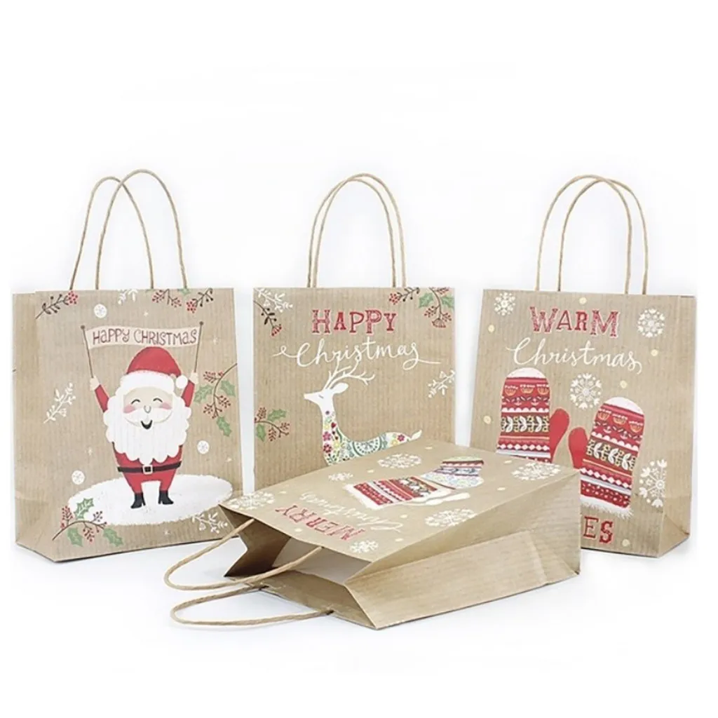 Рождественский крафт-бумажный пакет, рождественские Стикеры, набор лисичек, лося, подарочные бумажные наклейки для сумок, рождественские конфеты, еда, печенье, Упаковочные бумажные пакеты