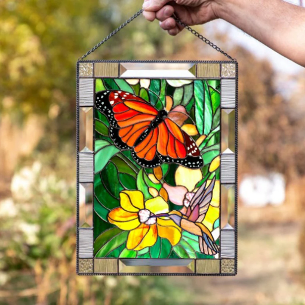 Stained Glass Window Stained Glass Window Hangings Panel Gorgeous Flowers with Chain Stainglass Decors Wall Art Flowers