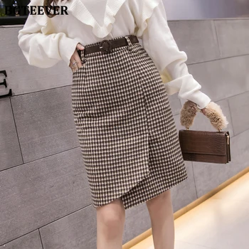 

BGTEEVER Irregular Hem Houndstooth Women Skirts High Waist Belted Woolen Skirts Female Skirts faldas mujer moda 2019 Winter