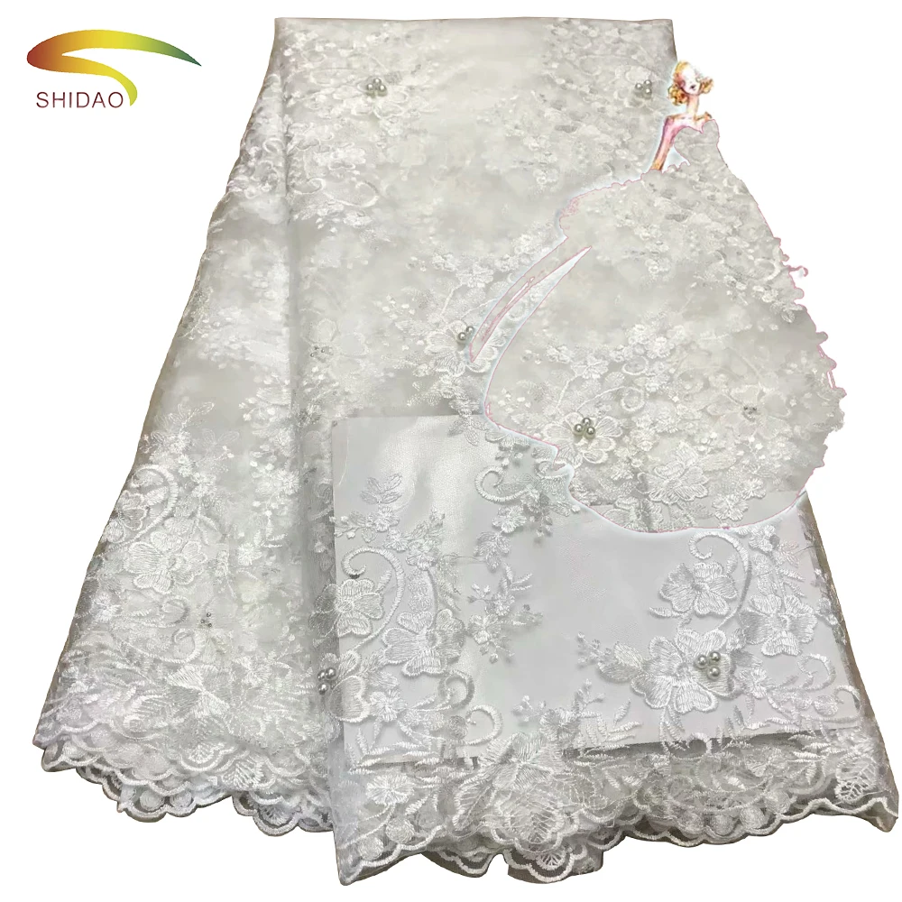 Новое поступление французская вышитая кружевная ткань тюль вышитая бисером кружевная ткань для свадебного платья