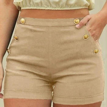 

2020 New Fashion 5XL Plus Size Pockets Button Skinny Solid Shorts Casual Regular Elastic High Waist Trousers for Women