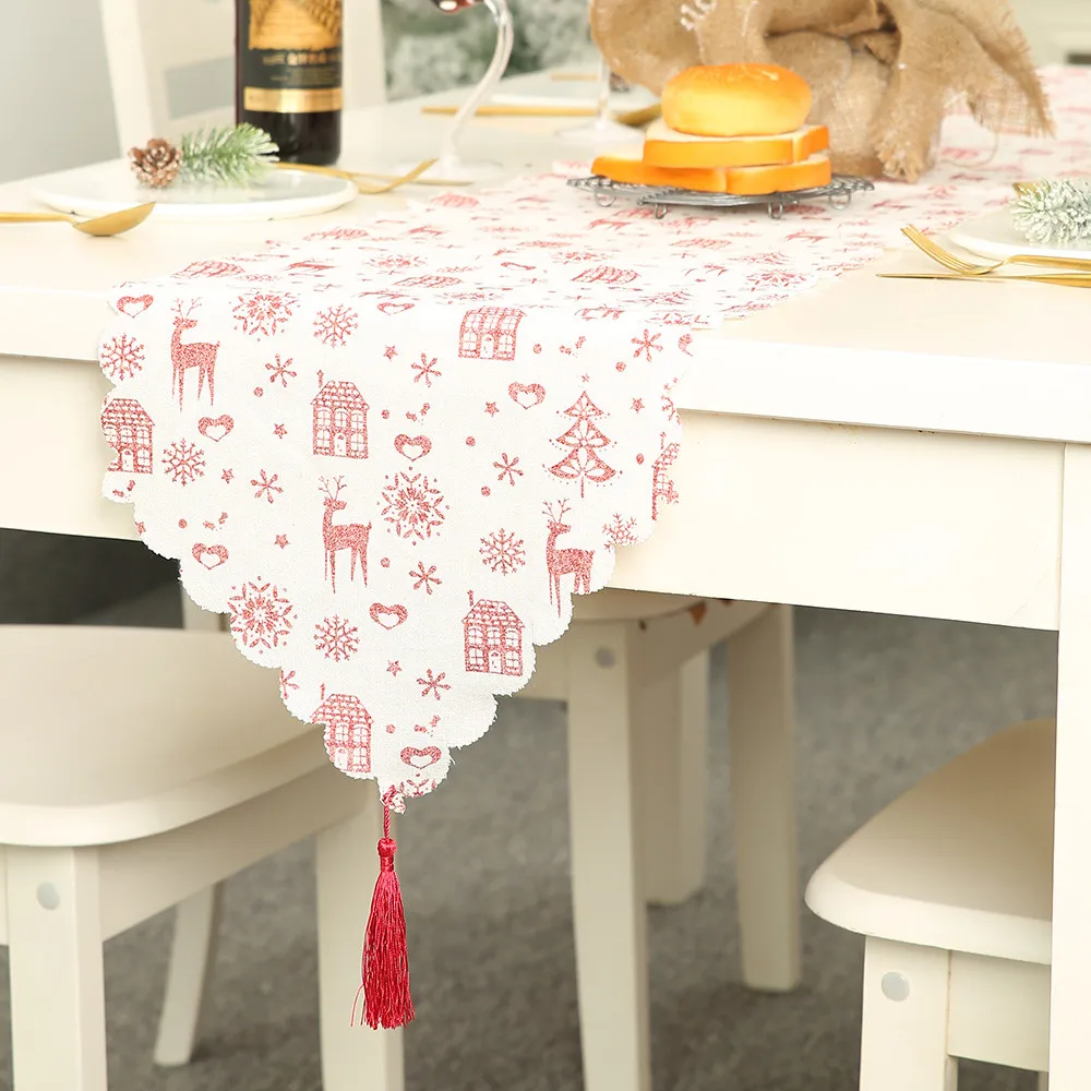Christmas Decoration Linen Printed Table Flag Table Runner Printed Tassel Tablecloth Placemat Hotel Home Festival Decoration FB