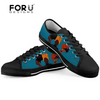 

FORUDESIGNS Black Women Art African Shoes Ladies Lace-up Vulcanized Shoes for Teenagers Classic Canvas Shoes Fashion Sneakers