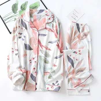 

Women Long Sleeve Nightwear Autumn 100% Cotton Knitted Pajama Set Turn-down Collar Leaves Printing Pajamas Loungewear Sleepwear