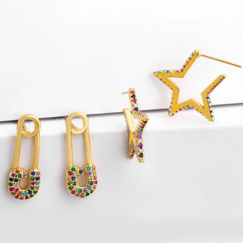 

Safety Pin Stud Earrings Women Star Earring Multi Gold Color CZ Rainbow Fashion Jewelry Small Studs Aretes Dainty Paperclip