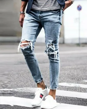 

2020 Fashion Men's Jeans Ripped Skinny Jeans Destroyed Frayed Slim Fit Denim Pants Long Pants Denim Biker Work Trousers Clothes