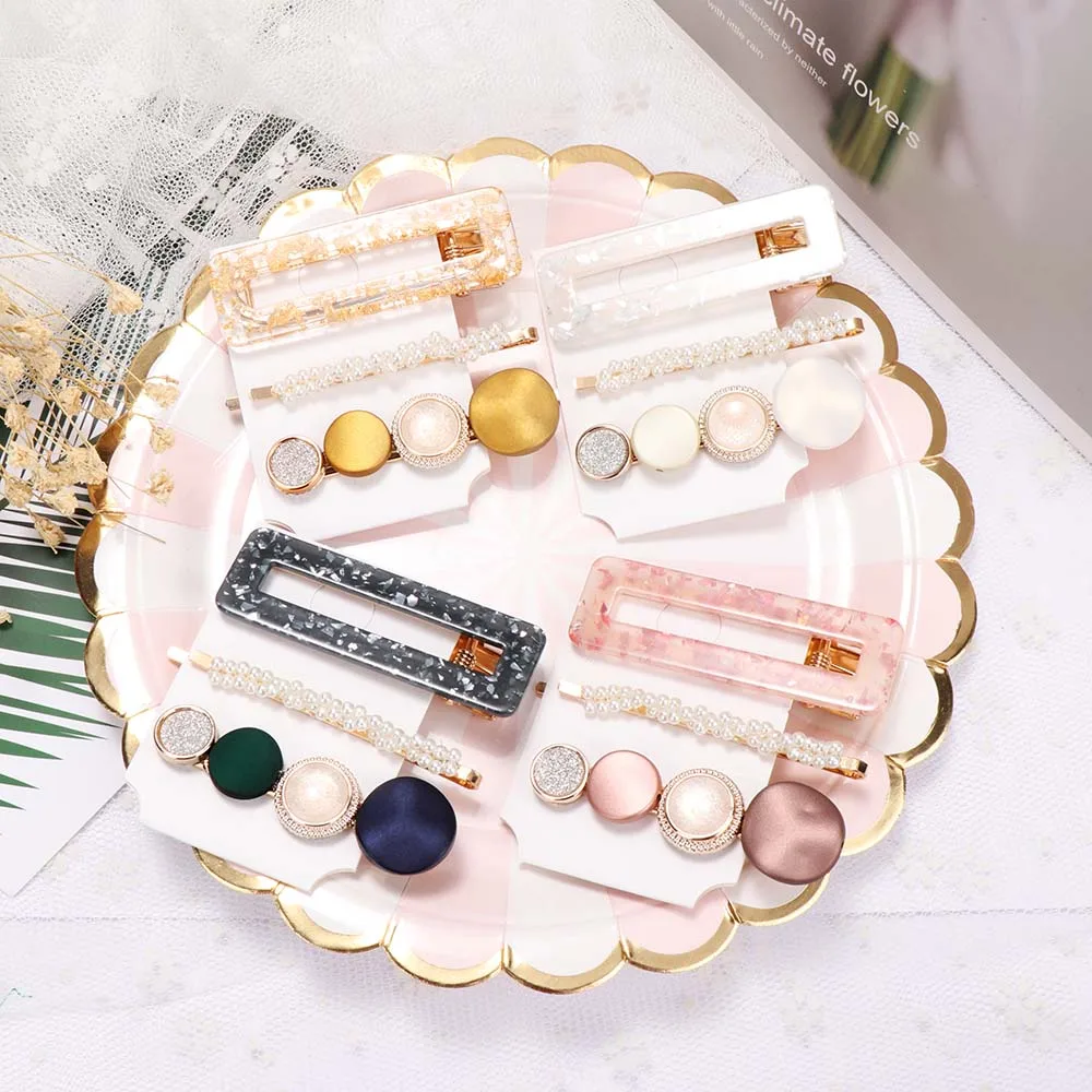 

3Pcs/Set Hair Clip Korean Fashion Hairpin Gold Pink Acrylic Hollow Rectangle Pearl Alloy Hairclips Vintage Bead Barrette