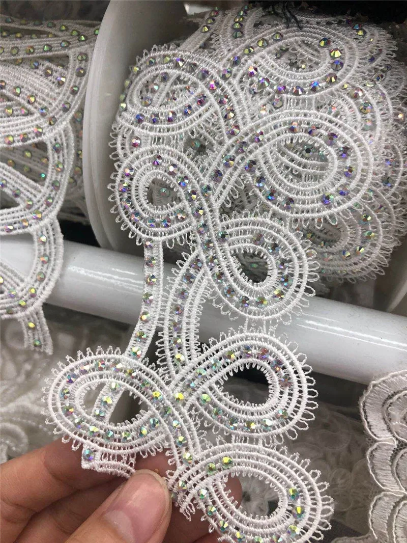 2.7'' Wide high quality  Luxry  Venice Applique / Venise chemical rhinestone Lace trim DIY crafted Fabric sewing wedding dress