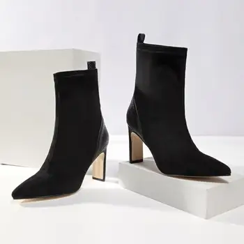 

Fashion Black Ankle Boots for Women PU Leather Flock Patchwork High Heels Short Booties Slip-on Pointed toe Ladies Shoes