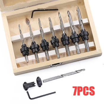 

7pcs/lot Countersink Drill Bit Drill Press Set Reamer Woodworking Flute Chamfer Drill with Wooden Case Hole Puncher #5-#12