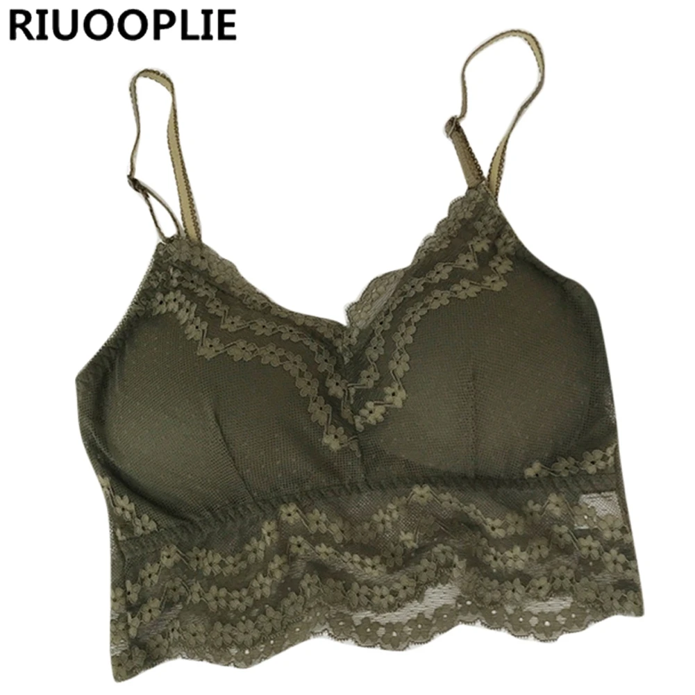 Army Green RIUOOPLIE, модный весенний и летний корейский женский кружевной бюстгальтер без косточек с глубоким v-образным вырезом, Прозрачное нижнее белье с открытой спиной - Цвет: Army Green