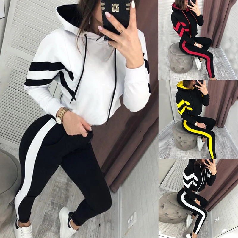 Chándal con capucha para mujer, ropa deportiva de manga larga, deportivo para correr, Moda a rayas, 2 uds., primavera 2020|Conjuntos de yoga| - AliExpress