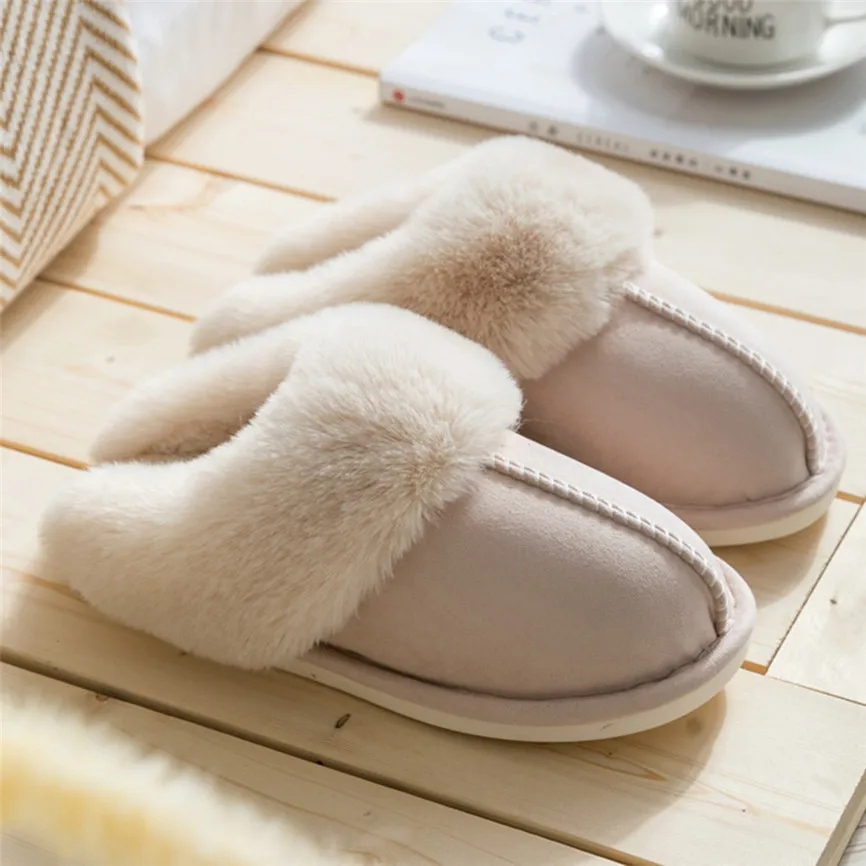 

Plus Velvet Couple Winter Cotton Shoes Home Non-slip Warm Shoes Slip On Soft Indoor Flats Comfort Soft Solid Flock Slippers 40