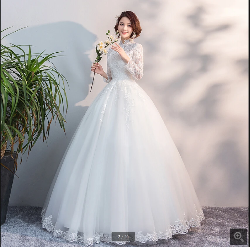 Robe de Mariage белые кружевные аппликации бальное платье свадебное платье высокий вырез с длинным рукавом корсет скромные платья невесты Лидер