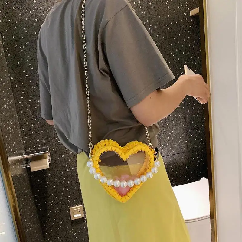 

Fashion Plastic Transparent Pearls Shoulder Messenger Handbags Casual Women Small Love Heart Shaped Chain Crossbody Phone Bags