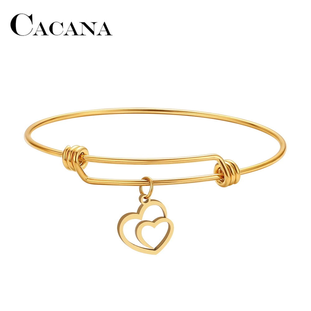 CACANA 316L регулируемый браслет из нержавеющей стали золотые полые двойные сердца