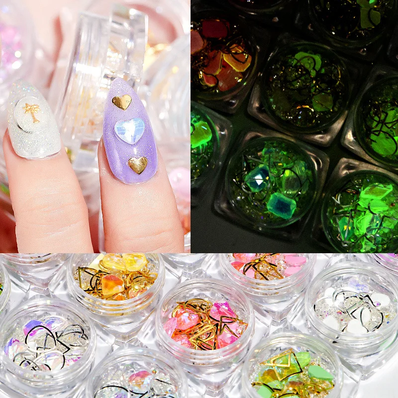 

6pcs/lot Luminous Crystal Mixed Ellipse Nail Art Rhinestone Decorations 3D Highlight Diamond Jewelry Glow In The Dark Ornaments