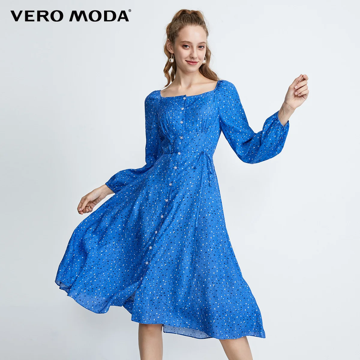 Vero Moda Новое цветочное Королевское платье с рукавами во французском стиле с квадратным воротником | 31937D517 - Цвет: Turkish sea