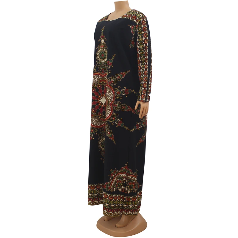 100% Cotton African Dresses Ethnic Style Traditional Print Dashiki Long Puff Sleeve Black Elegant Women Dresses african wear