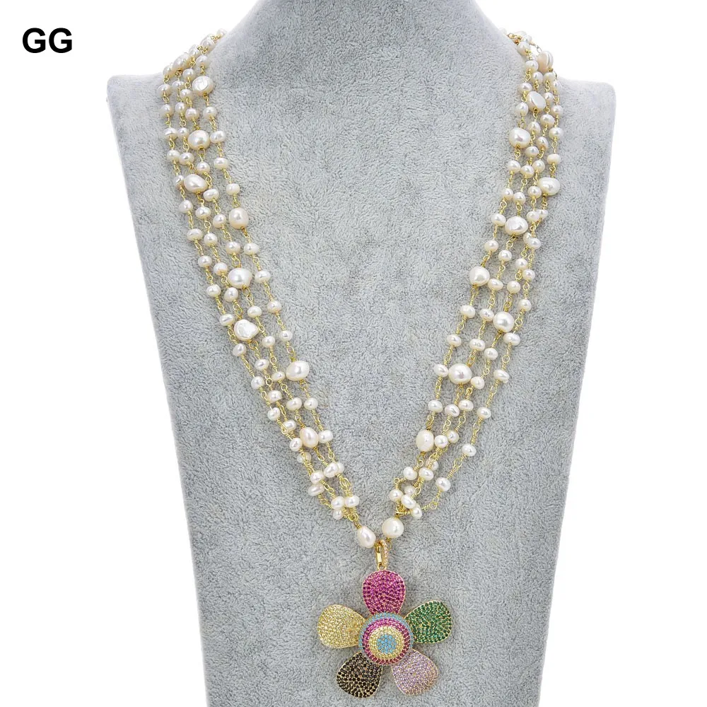 GG Jewelry 24'' 4 Strands White Pearl Necklace CZ Pave Flower Pendant | Украшения и аксессуары
